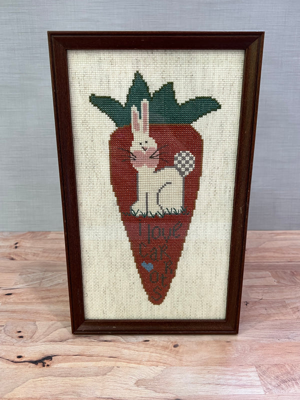 bunny rabbit I love carrots cross stitch glass wall hanging brown frame antique vintage