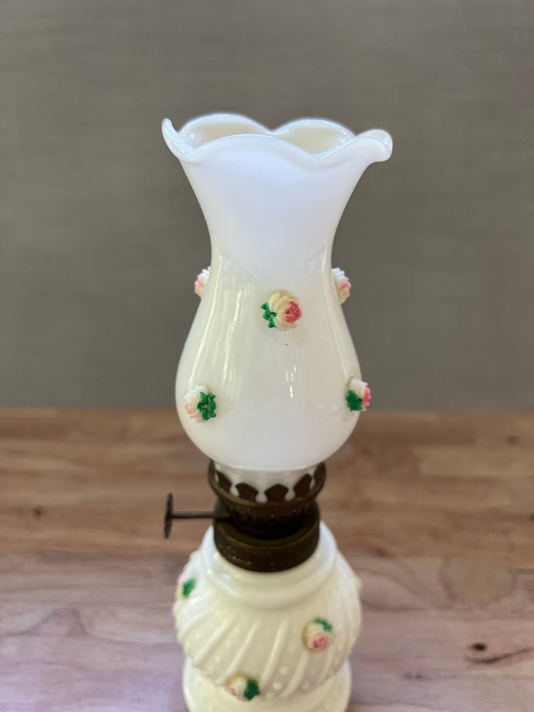 Vintage oil lamp pink tan rose milk glass hurricane antique
