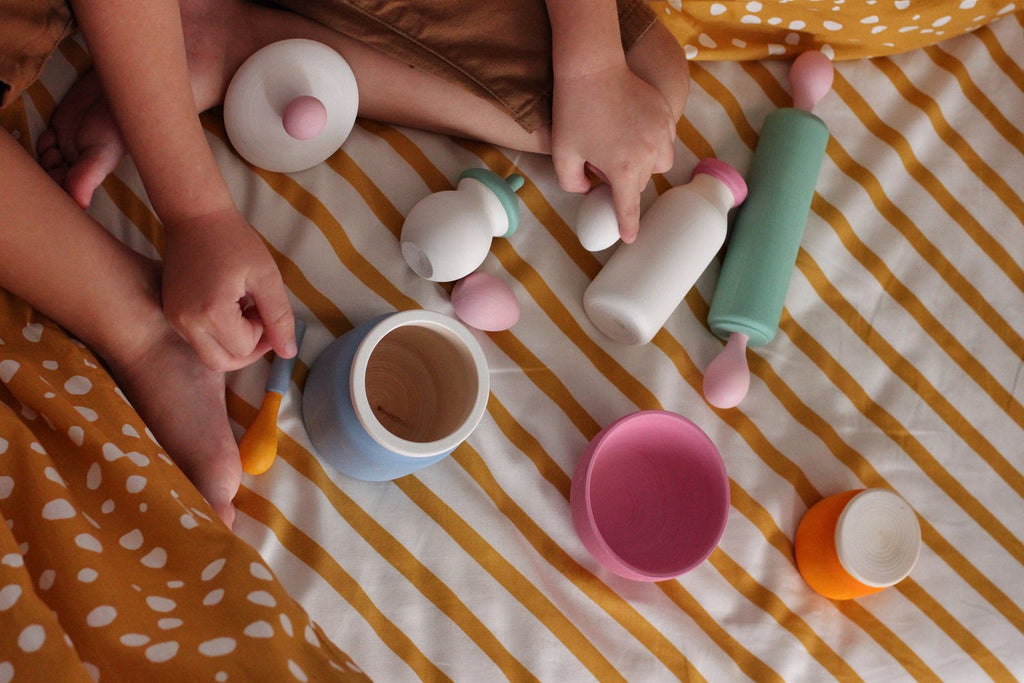Tea set pastel honey pancake color pink orange blue green rolling pin eggs milk wooden toy children kid set skandico