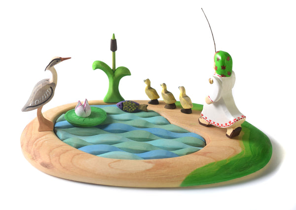 Bumbu toys water lake grass cattails water lily heron fish girl ducklings ducks wooden toys children kids