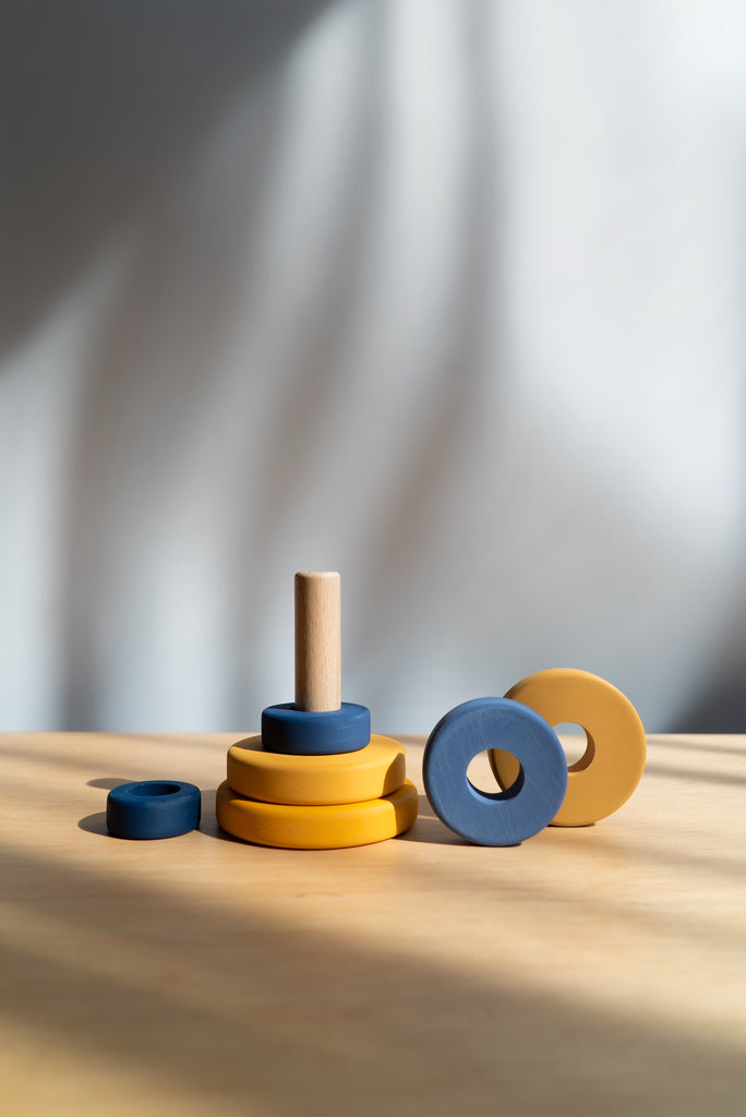 Ukrainian wooden mini ring stacker blue yellow donation sabo concept children kid toy gift