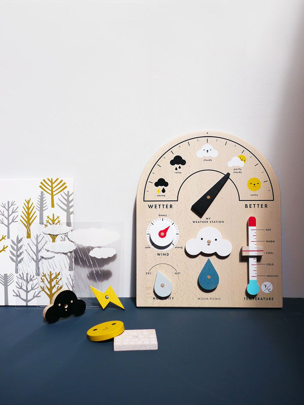 Wooden weather station children toy learning climate rain sun lightning educational moon picnic living refinery