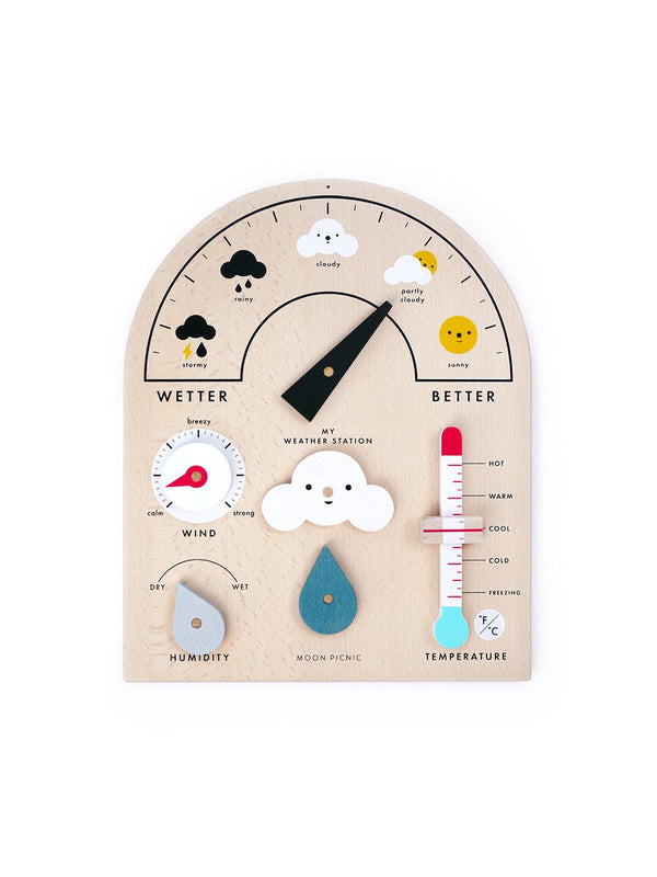 Wooden weather station children toy learning climate rain sun lightning educational moon picnic living refinery