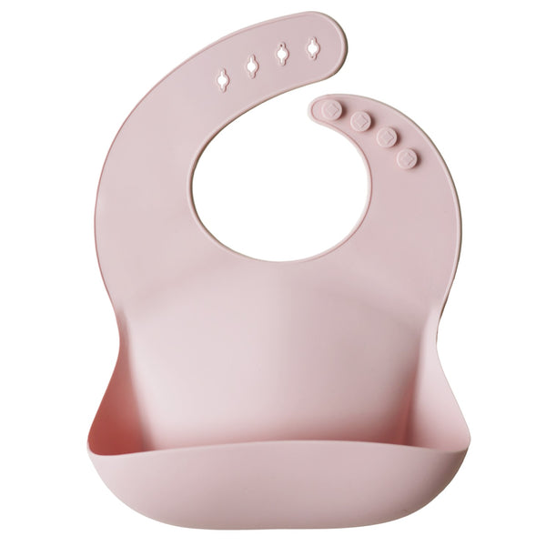 Mushie silicone baby bib blush pink pocket meal time baby led weaning food spoon fork plate bowl