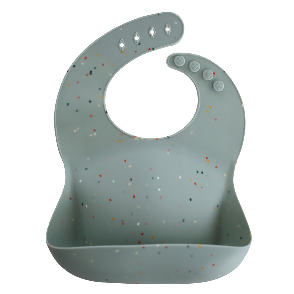 Mushie silicone baby bib pocket meal time baby led weaning toddler confetti cambridge blue spoon fork plate bowl mat