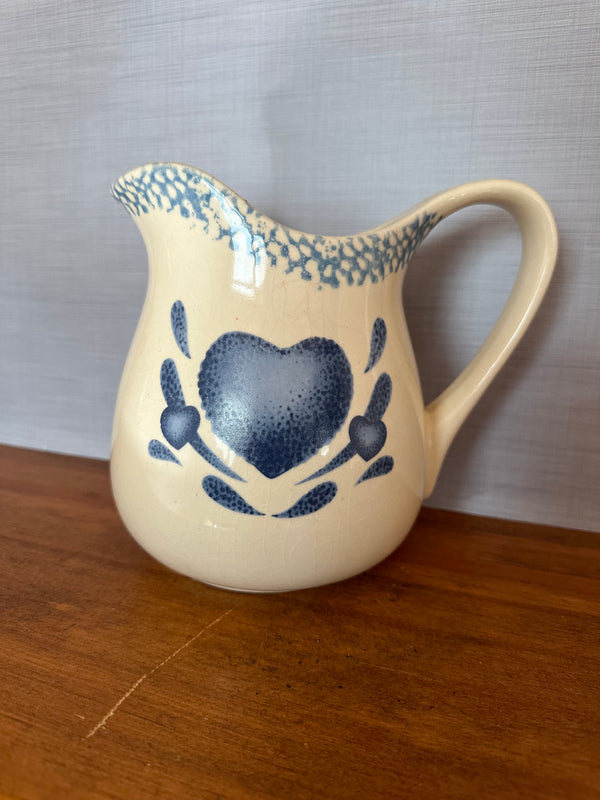 stoneware blue heart farm house style pitcher vintage antique
