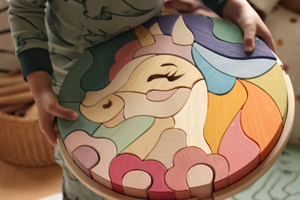 Wooden unicorn puzzle mosaic bright colorful magic mystical blocks skandico