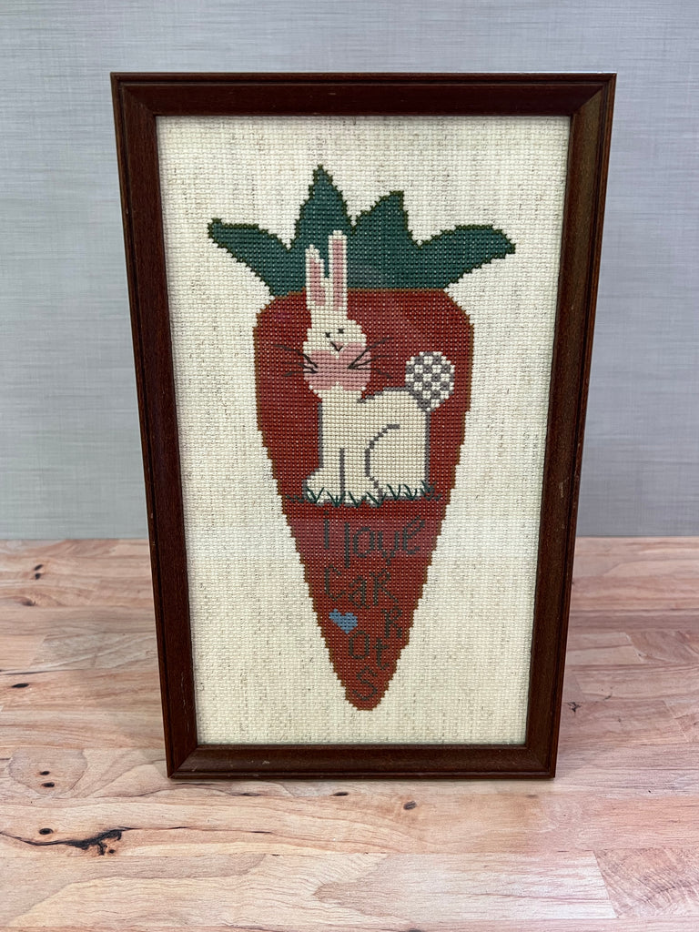 bunny rabbit I love carrots cross stitch glass wall hanging brown frame antique vintage