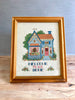 Welcome to our home up house homestead vintage antique cross stitch art frame wood light blue