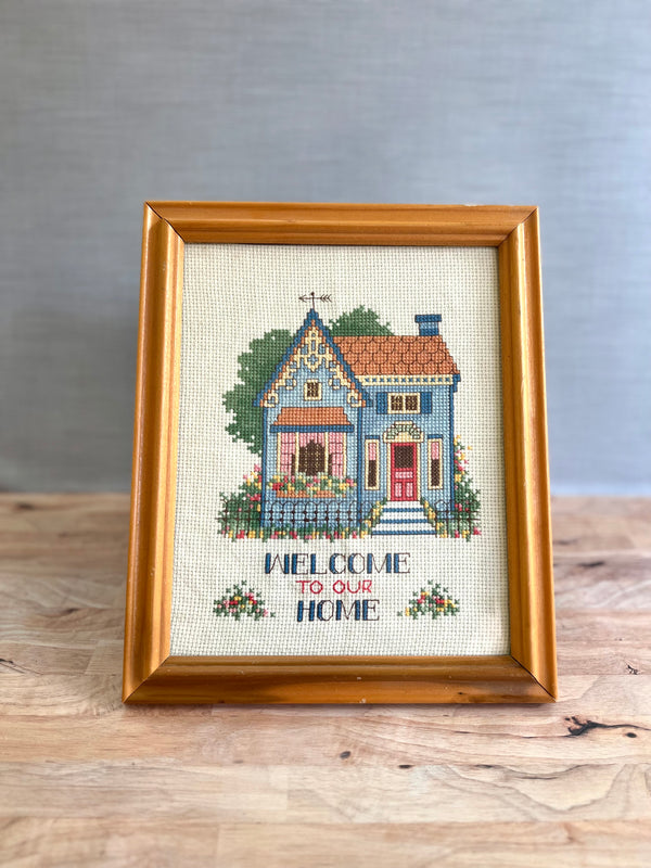 Welcome to our home up house homestead vintage antique cross stitch art frame wood light blue