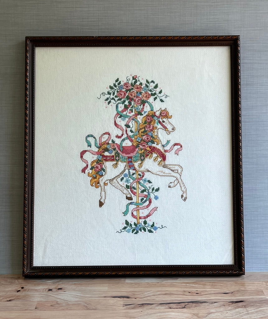 Ferris wheel horse flowers cross stitch antique vintage brown frame framed art hand made unique colorful gold