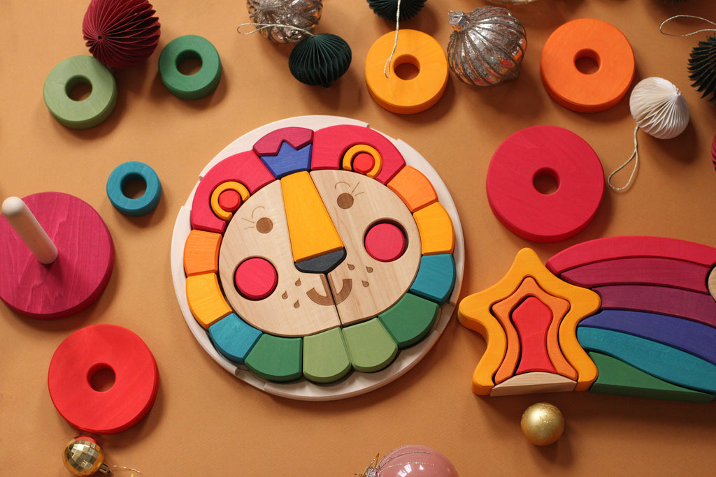 Wooden rainbow bright lion puzzle mosaic children toy skandico