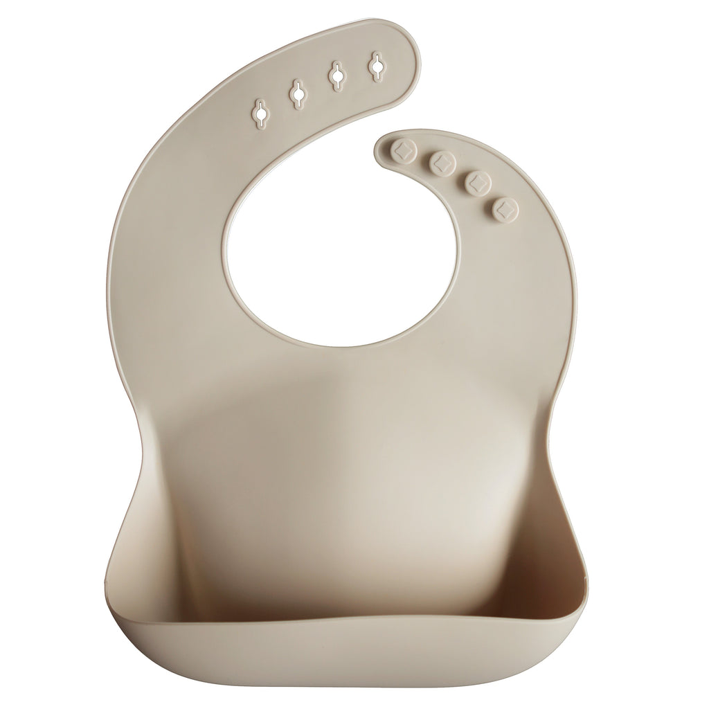 Mushie silicone baby bib shifting sand tan meal time baby led weaning pocket food plate bowl spoon fork suction