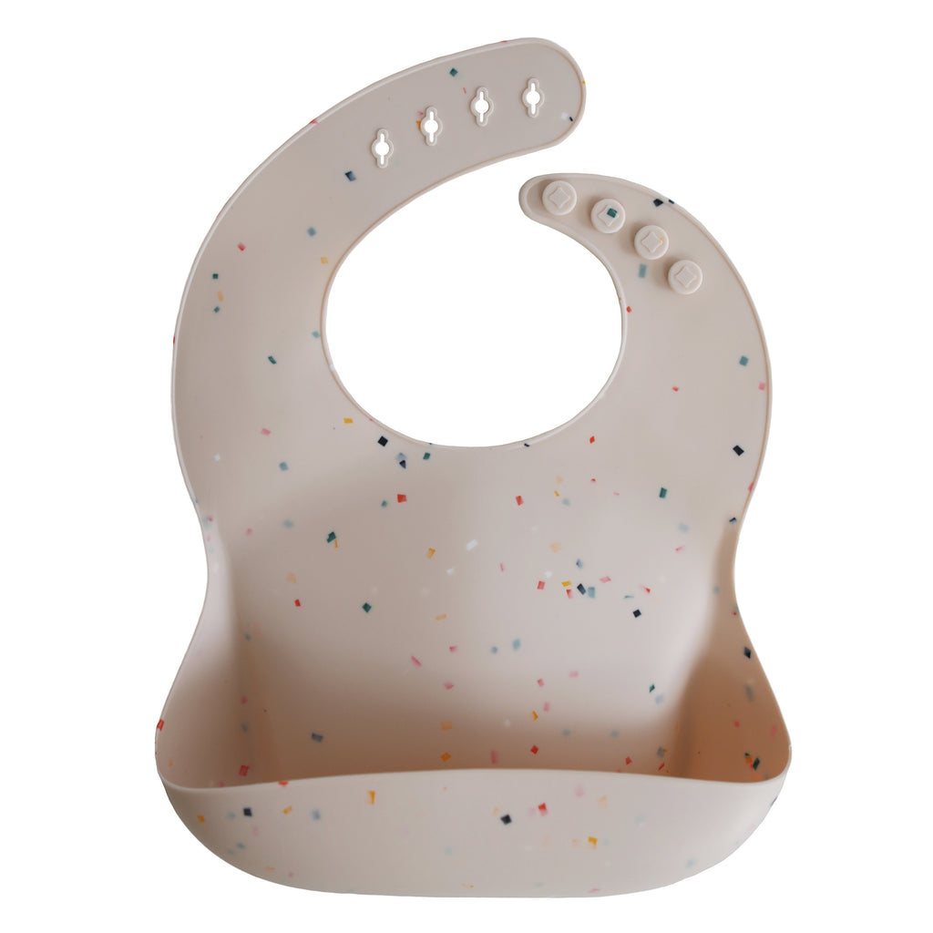 Vanilla confetti silicone baby bib feeding meal time toddler eating baby led weaning spoon bowl plate tan