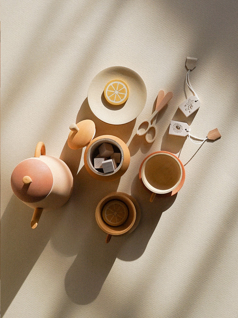 Wooden flower tea party set sabo concept play food kitchen toy montessori waldorf