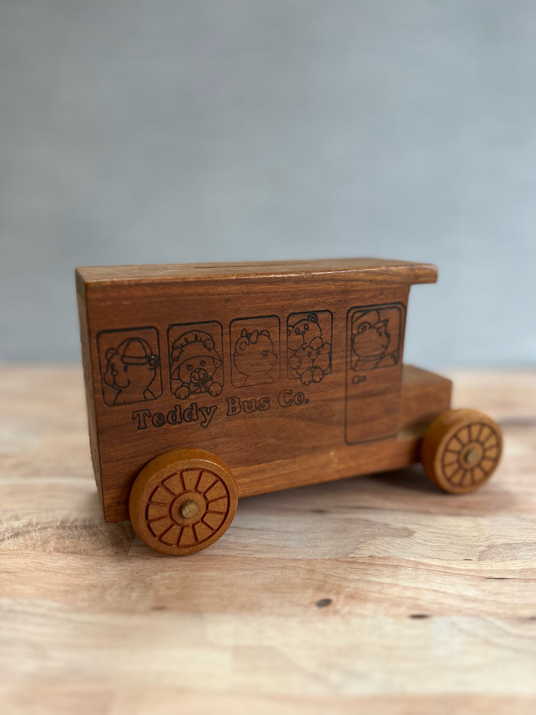 1984 Toystalgia Teddy Bus Co. Wooden Music Coin Piggy Bank toy wood children nursery vintage antique
