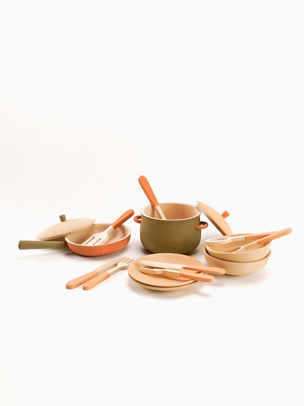 Wooden herbal tableware with pots and pans dish ware play kitchen food toddler toys kids montessori waldorf green